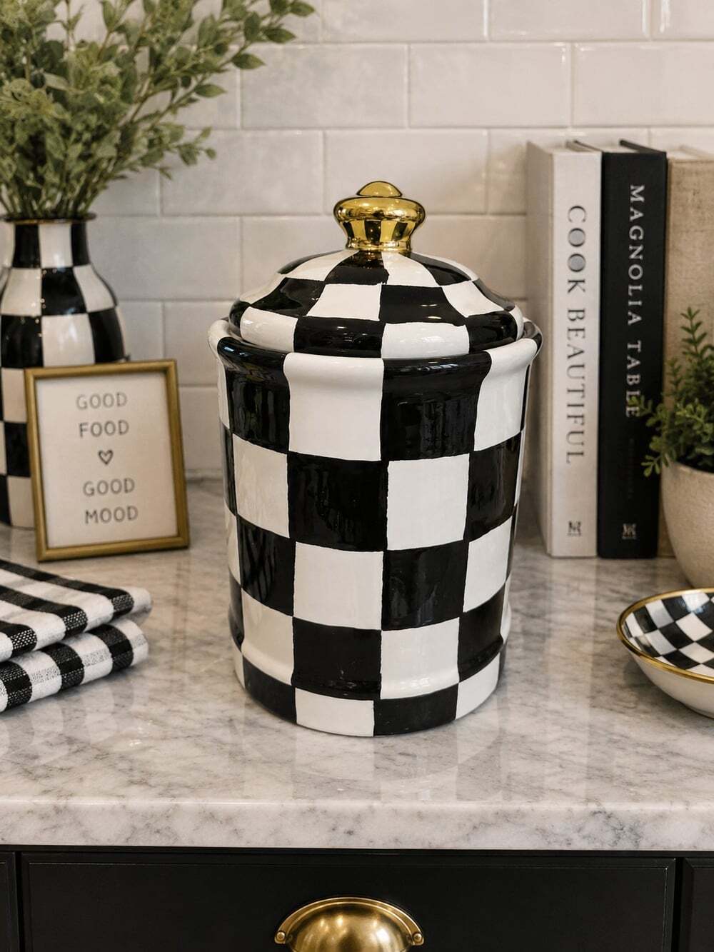New Black & White Gold Checkered Circus Kitchen Cookie Jar Kitchen Canister